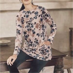 Pure Jill Sz S Pink Floral Print Velour Velvet Tunic Top Blouse Womens POCKETS!